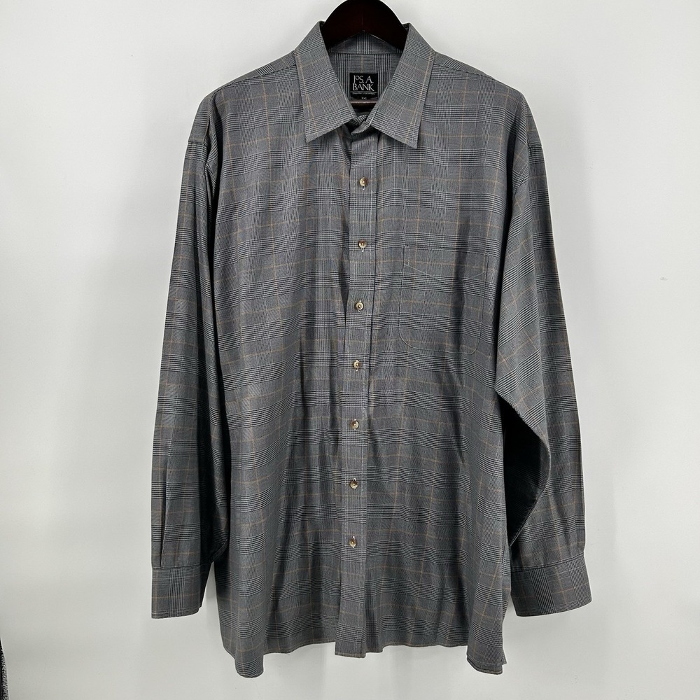 Jos A Bank Travelers Shirt Men 2XL Gray Orange Plaid Long Sleeve Business Casual